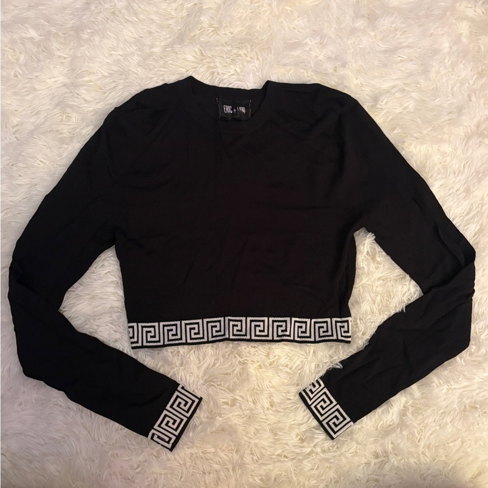 Black Long Sleeve Crop Top with Greek Key Trim